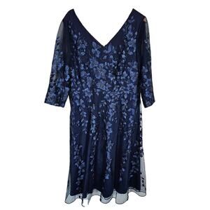 Alex Evenings Floral Embroidered Midi Dress V Neckline Navy Blue  Plus Size 16